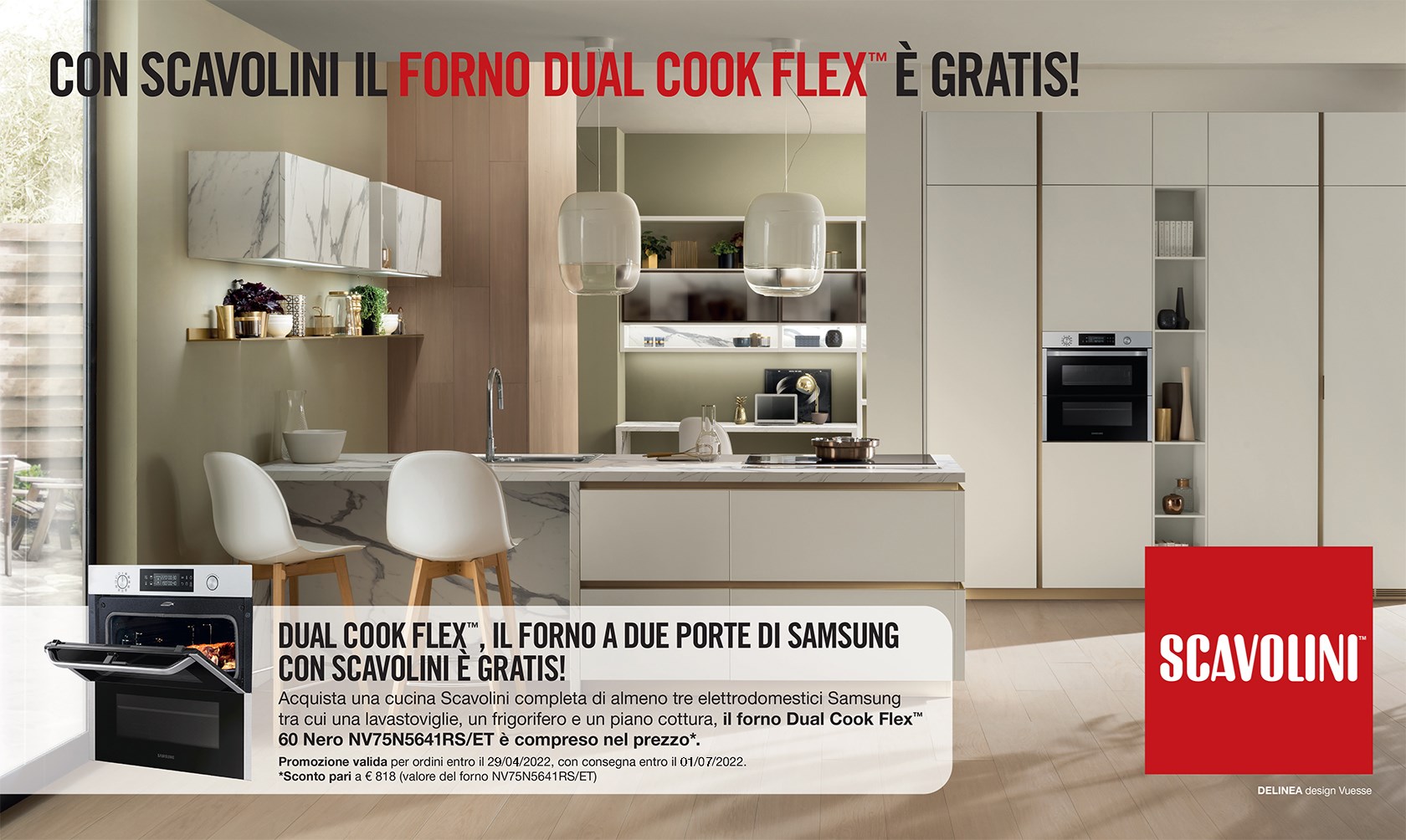Promozione cucine Scavolini. In omaggio il forno Dual Cook Flex di Samsung con l'acquisto di una cucine Scavolini